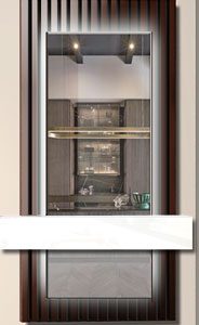 Espelho decorativo fixo na parede, com painel ripado em madeira maciça, e led light,